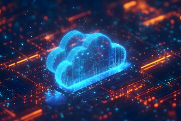 A glowing blue cloud hovers over a circuit board, symbolizing cloud computing and data storage.