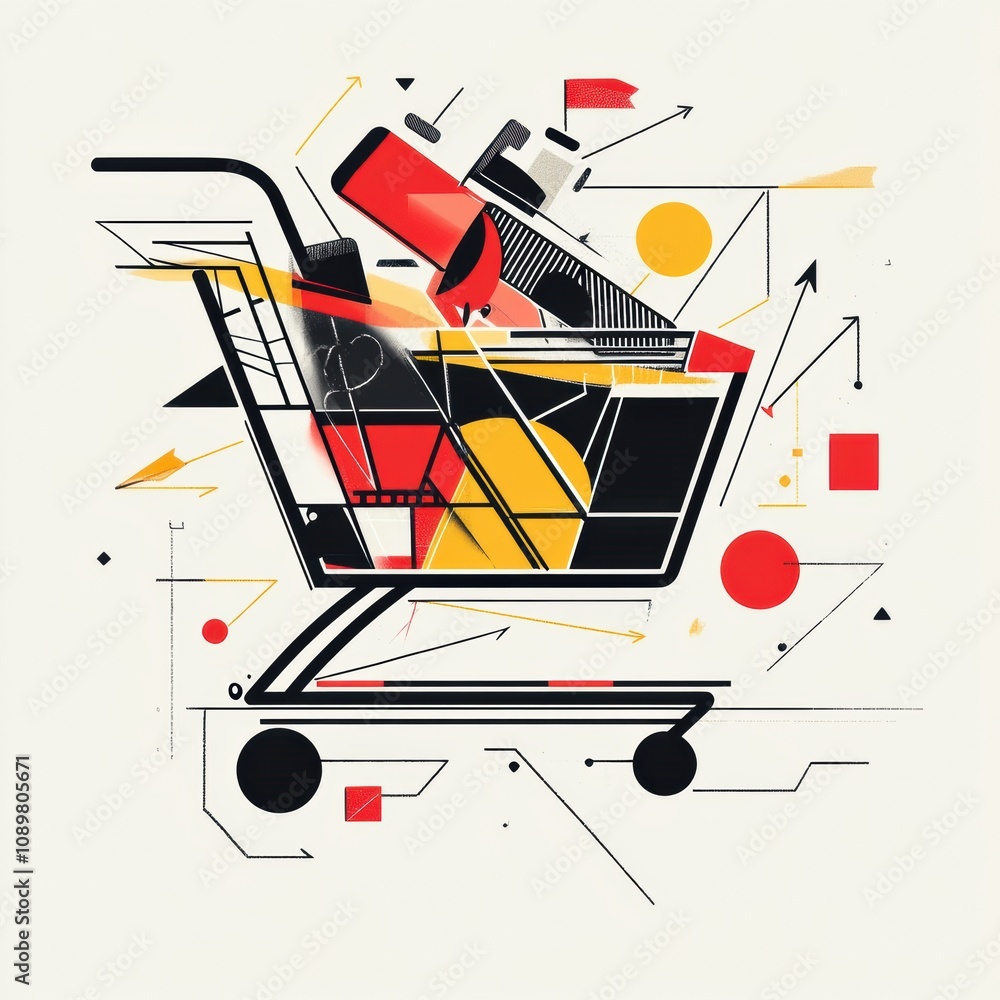 Aufkleber abstract composition features a shopping cart made of geometric shapes with colorful items inside, s