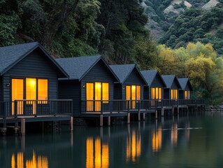 Obraz premium Tranquil waterfront cabins at dusk serene lake relaxation retreat nature escape