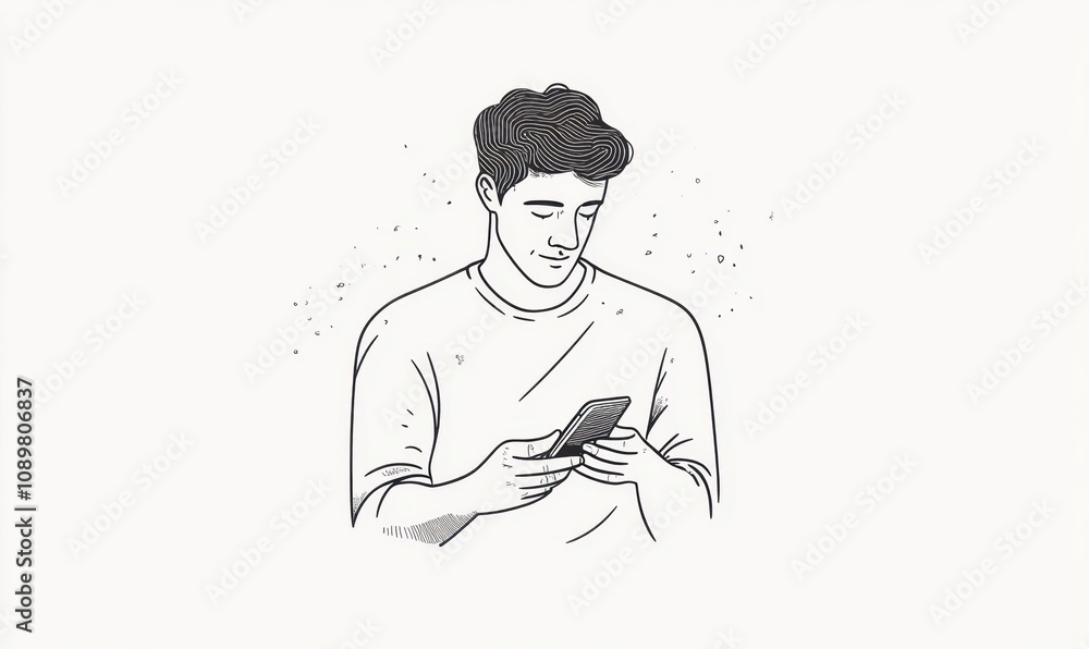 Poster a man is playing with his phone, a simple line drawing with a white background generative ai