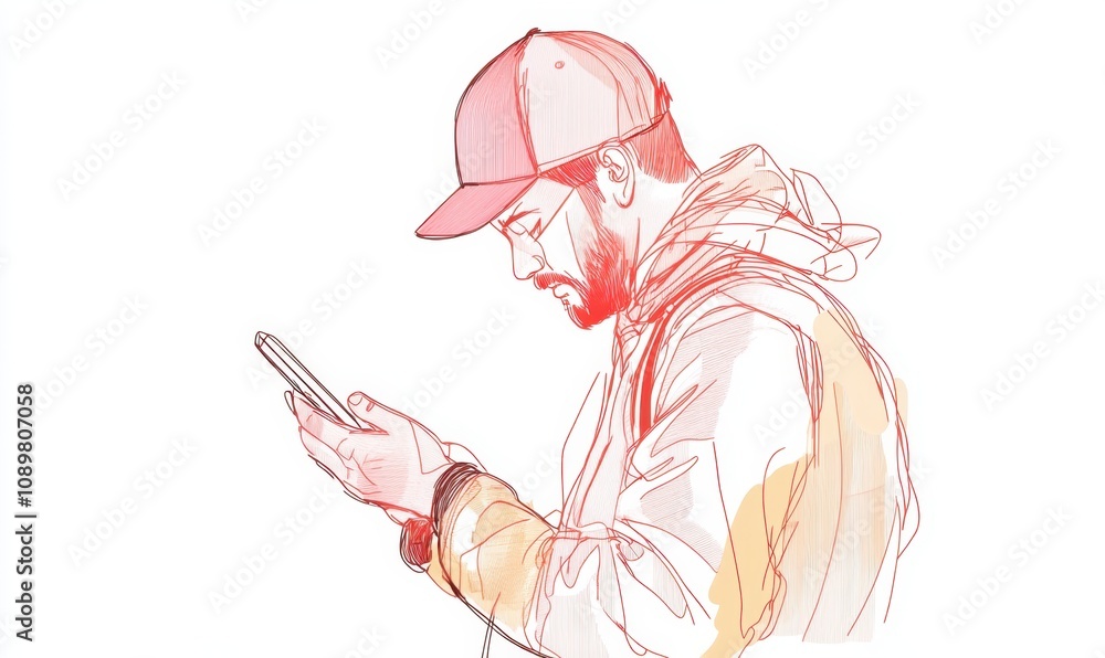 Poster man using a smartphone, simple line art, one continuous single outline illustration on a white backg