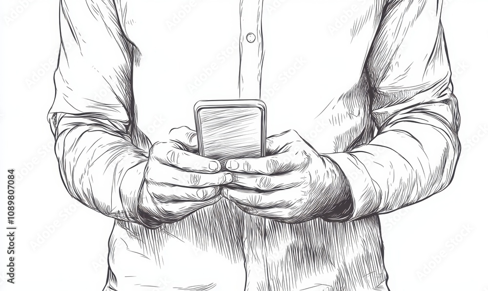 Poster a man holding a phone in his hands and looking at the screen, in a simple line art style with a whit