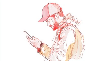 Man using a smartphone, simple line art, one continuous single outline illustration on a white background Generative AI