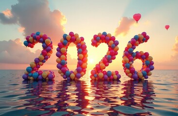 Colorful balloon display representing the year 2026 at sunset over a tranquil ocean