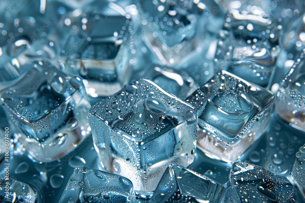 Poster a detailed close-up view of ice cubes sitting together, glistening with droplets of moisture under s
