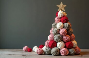 Colorful yarn balls arranged in a festive tree shape with a star on top for decoration