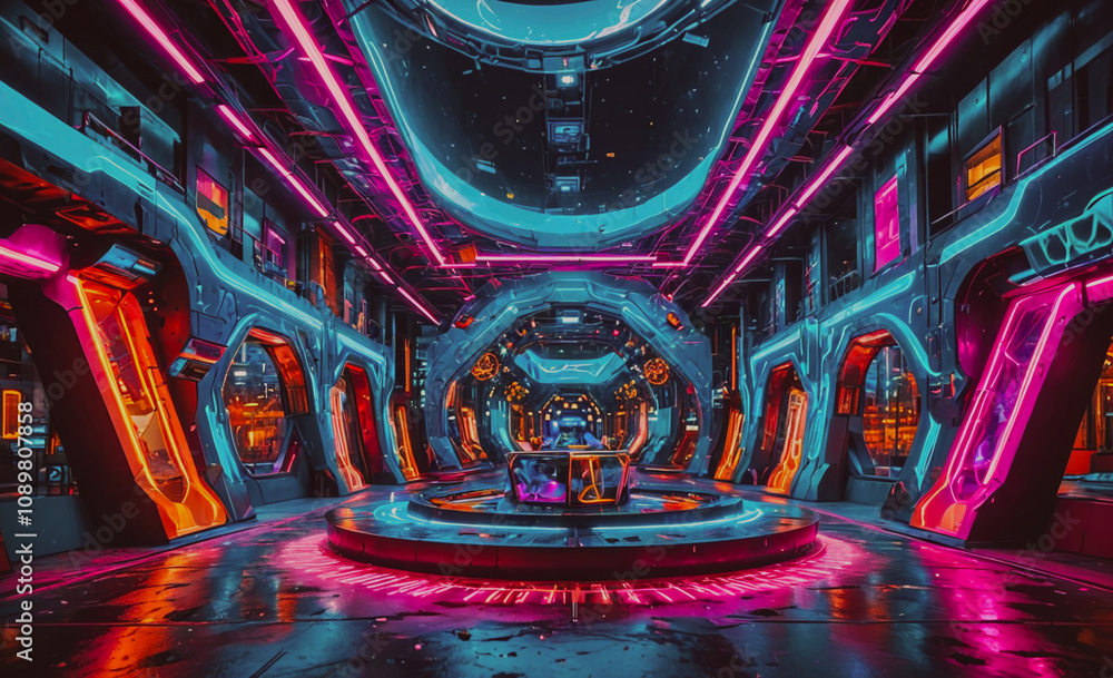 Poster a neon colored room with a circular floor and a large circular table. the room is filled with neon l