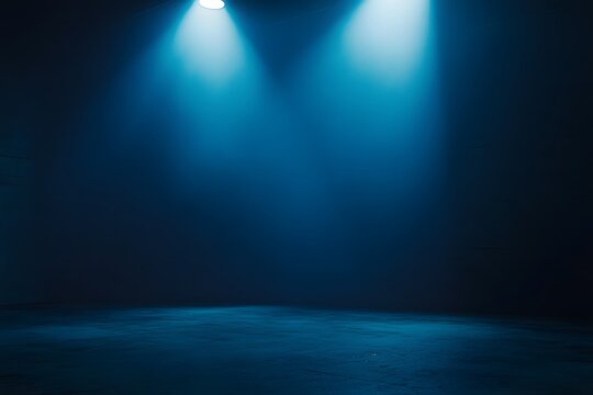 Dark blue spotlight background with empty floor and illuminated beams of light. Dramatic, mysterious, and moody atmosphere.