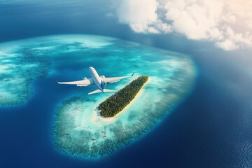 Naklejka premium Passenger plane flies over a heart-shaped tropical island with a turquoise lagoon, coral reef, and white sand beach in the maldives