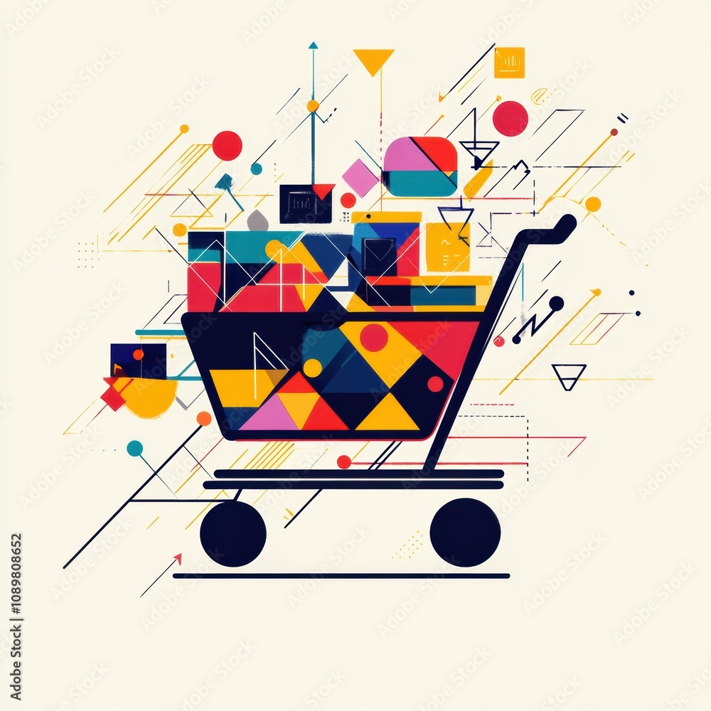 Leinwandbilder Colorful geometric shapes and flowing lines create an abstract shopping cart, emphasizing modern design and artistic expression in commerce. Generative AI