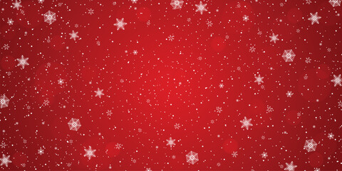 Snowy winter on red gradation background, Christmas snow white and bokeh wallpaper, New year day banner, Abstract landscape magic fantasy or party texture vector illustration.