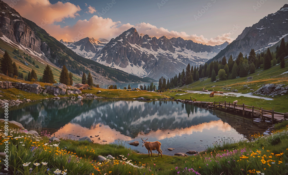 Aufkleber a cow is drinking from a pond in a grassy field. the scene is peaceful and serene, with mountains in