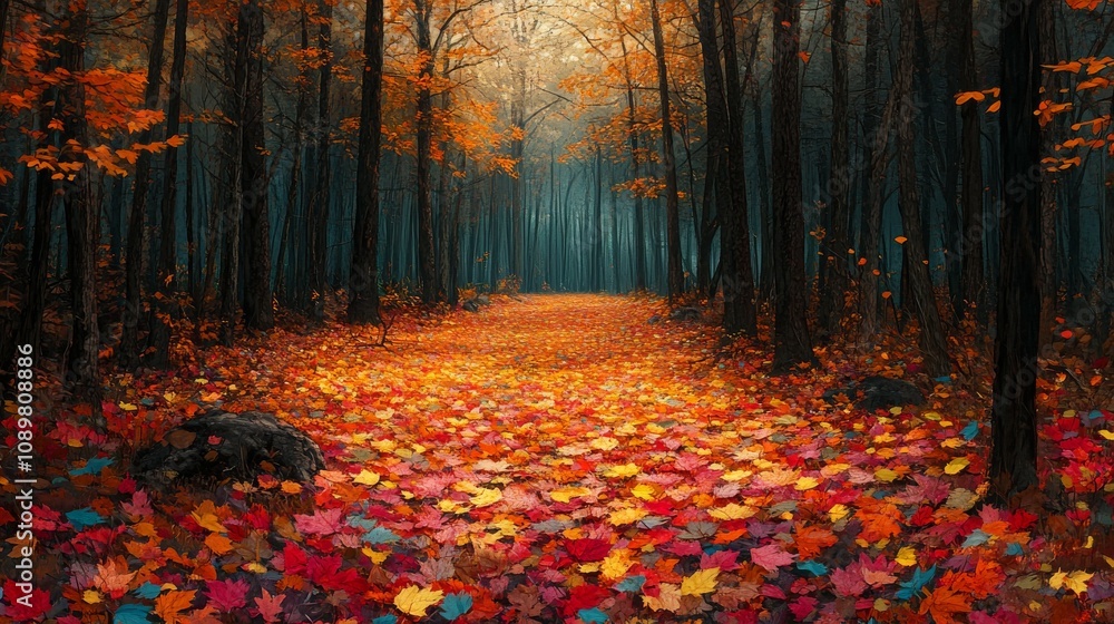 Poster autumn path through colorful forest trees
