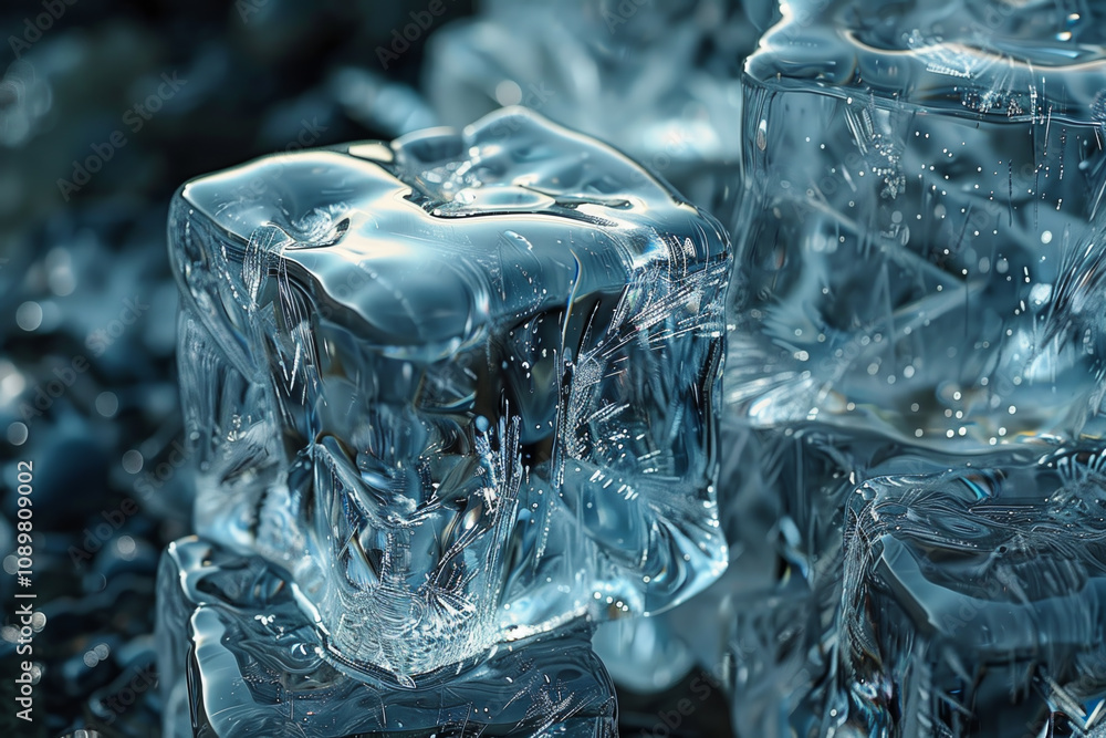 Poster the crystal-clear ice cubes rest on a reflective surface, catching light to create a vibrant display