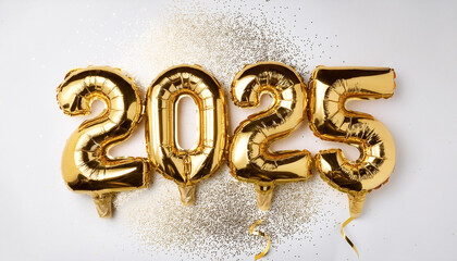 gold number balloons 2025 are placed on a white background