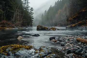 A tranquil river flows through a dense forest, surrounded by tall trees and mist. Smooth rocks peek through the water as the mist lingers, creating a captivating morning atmosphere