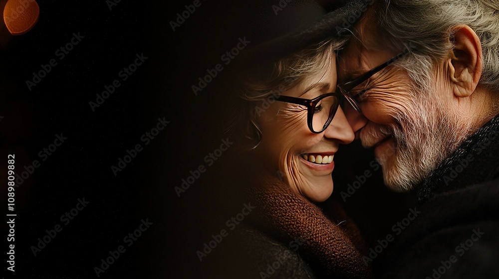 Poster a person hugging another with a hat on, illuminated by a background light