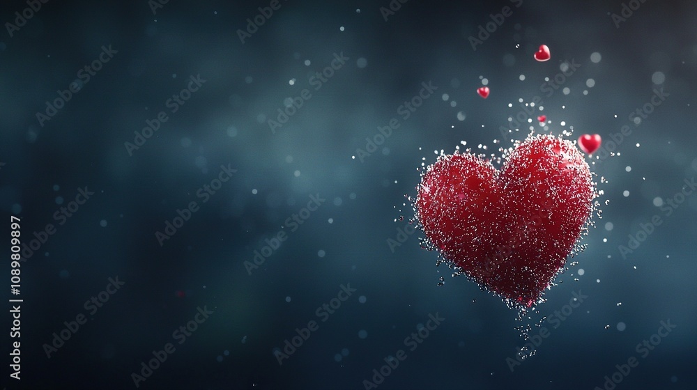 Poster red heart-shaped object floating in midair with water droplets cascading from the top
