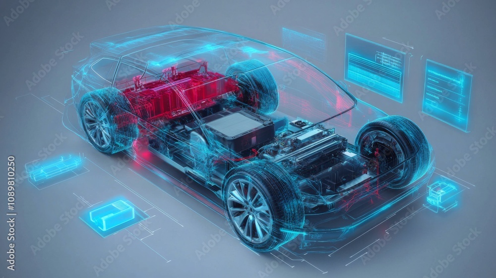 Poster a 3d rendering of an electric car with its chassis, wheels, and battery visible. blue and red lines 