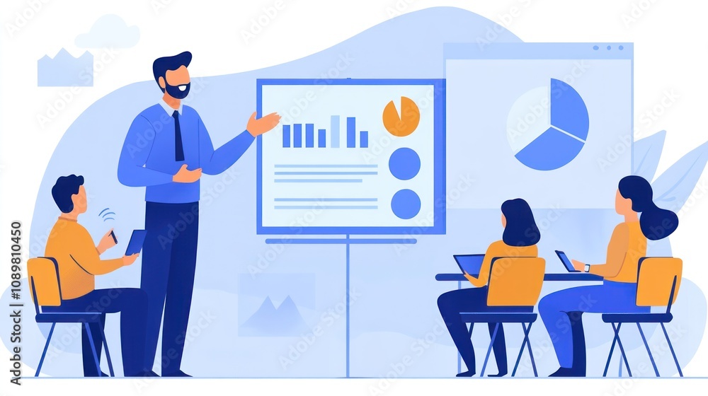 Poster businessman giving a presentation with charts and graphs to colleagues