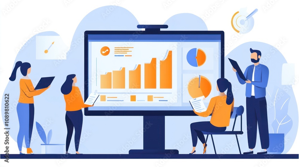 Poster Business Team Analyzing Data Charts Graphs On Large Screen
