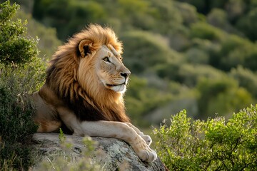 Obraz premium A majestic male lion rests on a rock, surveying his domain. Golden light bathes his mane.