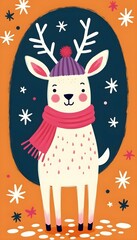 Naklejka premium White Reindeer with Pink Scarf and Hat Winter Holiday Design