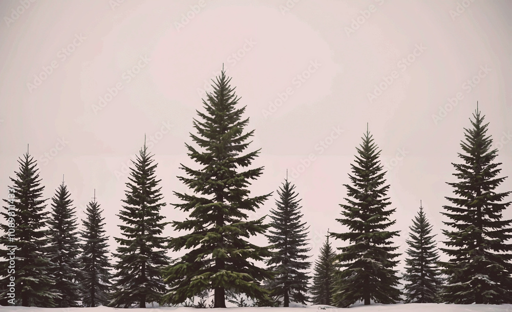 Aufkleber a row of pine trees are lined up in a forest. the trees are tall and green, and the sky is cloudy. t