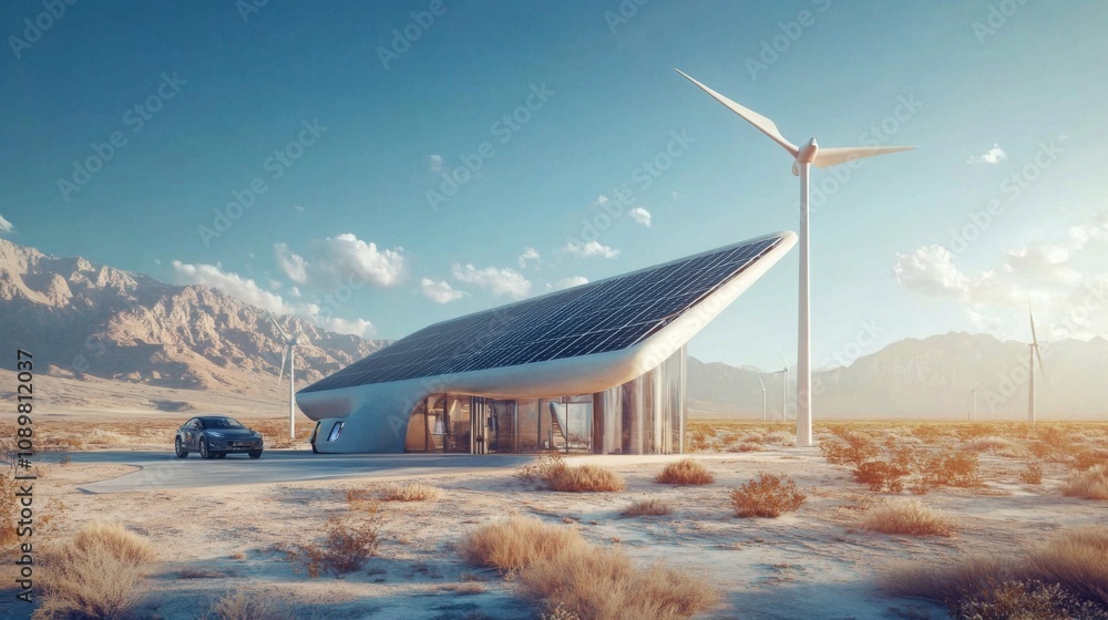 Poster a sleek, modern building with solar panels and a wind turbine stands in a desert landscape. a car is