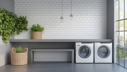 Contemporary Laundry Room With Washing Machines And Gray Bench In Sophisticated Interior Design. Stylized And Functional Space For Laundry Needs.