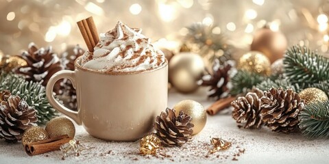Fototapeta premium Steaming mug of hot chocolate with whipped cream, cinnamon, and cocoa powder on a rustic table, surrounded by festive christmas decorations and twinkling lights