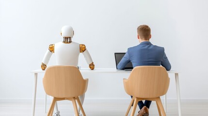 Fototapeta premium Humanoid Robot and Human Working Together at a Modern Office Desk