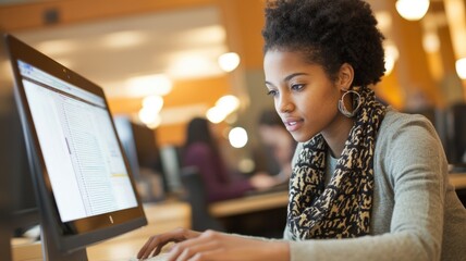 Focused student using computer in library for research and study,Library Day