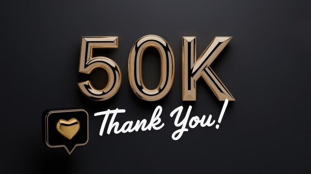 Golden '50K Thank You!' balloon decoration with heart emoji symbol, recognizing social media achievement or milestone celebration, stylish dark theme background