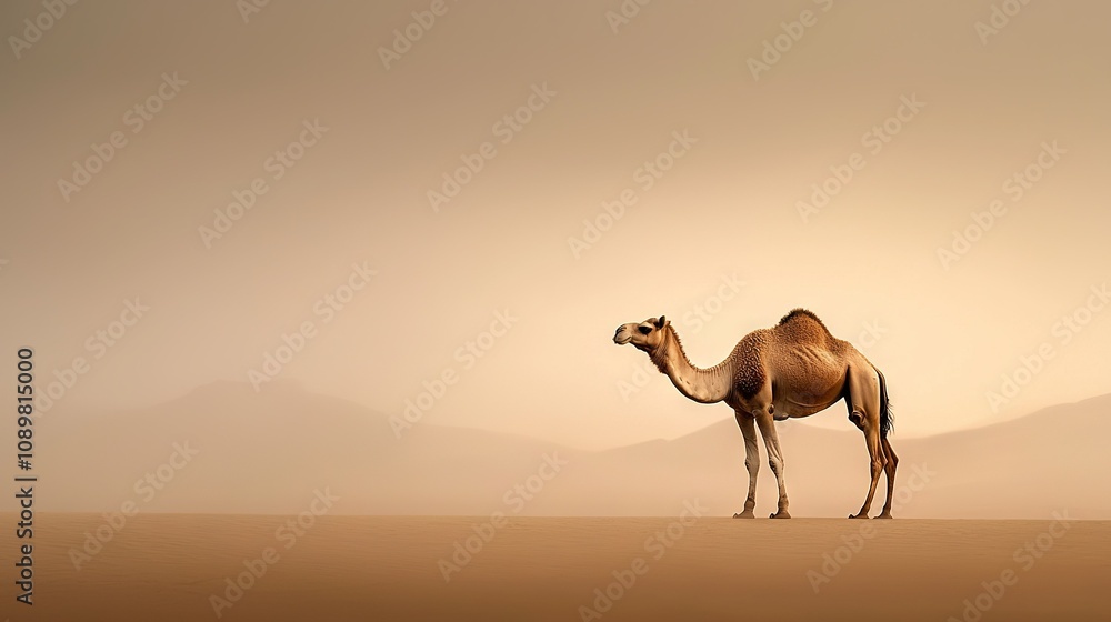 Poster a camel stands in the middle of a desert with a mountain range in the background of the photo
