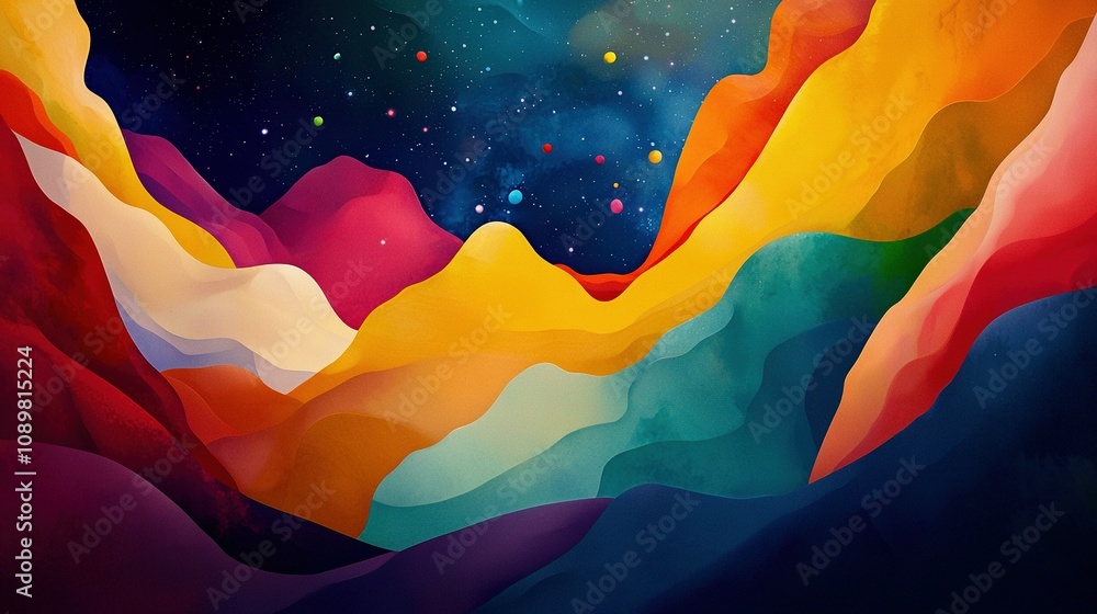 Poster a vibrant depiction of mountains adorned with celestial objects like stars and a luminous moon above