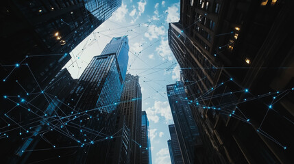 Fototapeta premium Smart digital Innovation Business skyscrapers in the Financial District with connection network reciprocity over the cityscape. of future smart wireless digital city and social media networking