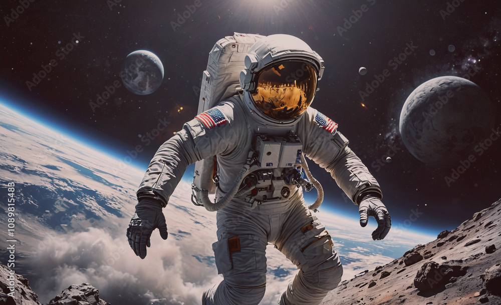 Aufkleber A man in a spacesuit is standing on a rocky surface in space. The image has a sense of adventure and exploration, as the man is in a unique and challenging environment