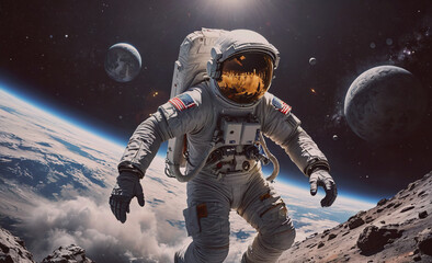 A man in a spacesuit is standing on a rocky surface in space. The image has a sense of adventure and exploration, as the man is in a unique and challenging environment