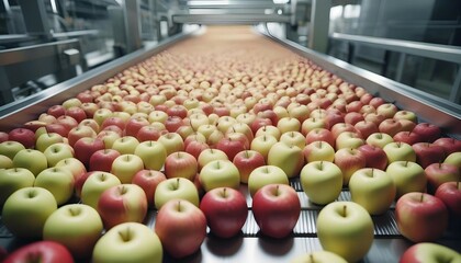 Obraz premium Green and red apples on factory conveyor belt, food production concept. AI generated
