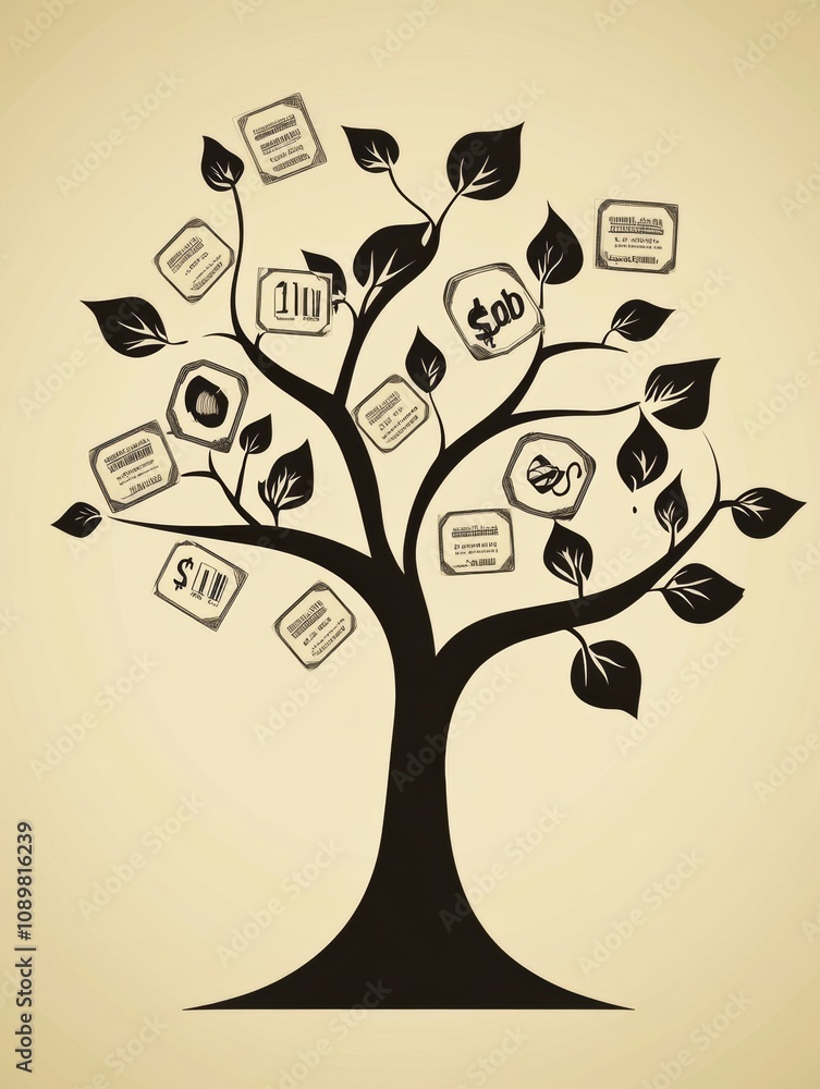 Aufkleber in this artistic representation, a tree features abstract branches adorned with vibrant price tags a