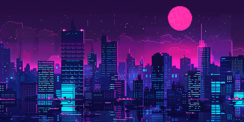 Pixel art retro wave. panorama of big city. wide banner. Space for text. neon cyberpunk digital 8 16 32 64 bit painting. poster, flyer, banner, email, header, social media post. Generative Ai content