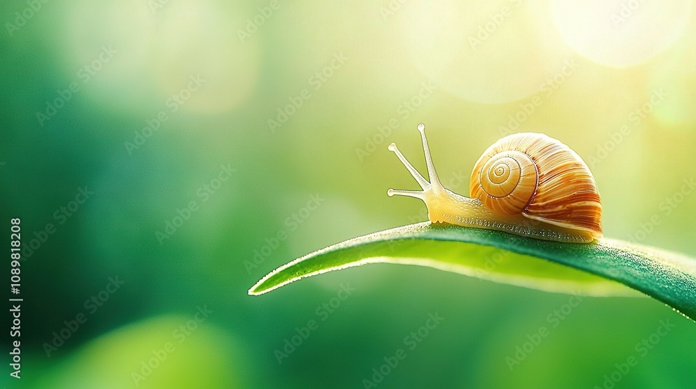 Poster a detailed photo of a snail resting on a leaf with light filtering through the foliage and a hazy ba