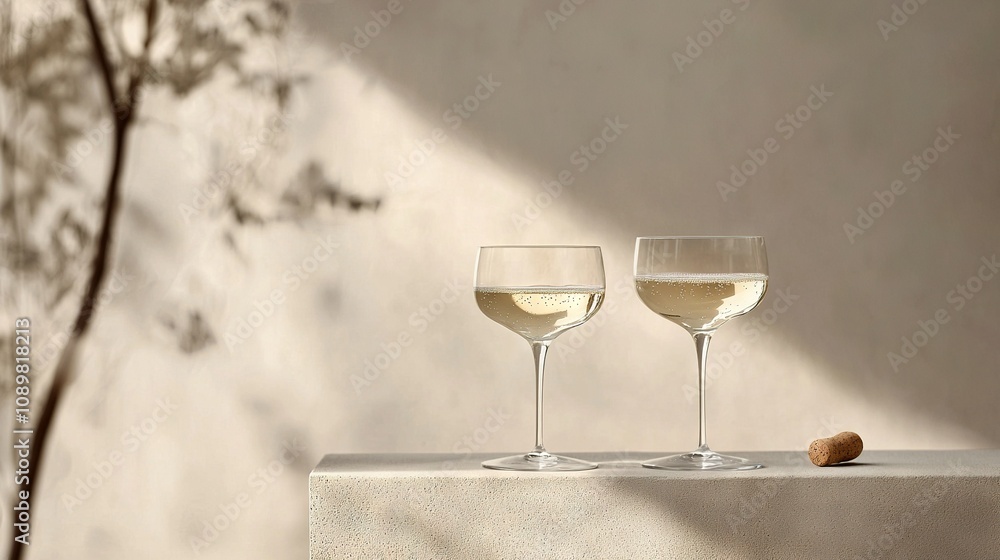 Poster two wine glasses on a table with a wine bottle in front of a tree