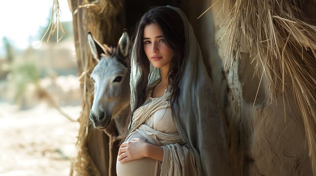 Maria m&atilde;e de Jesus gr&aacute;vida em bel&eacute;m, uma fotografia realista. virgin mary, mother of jesus