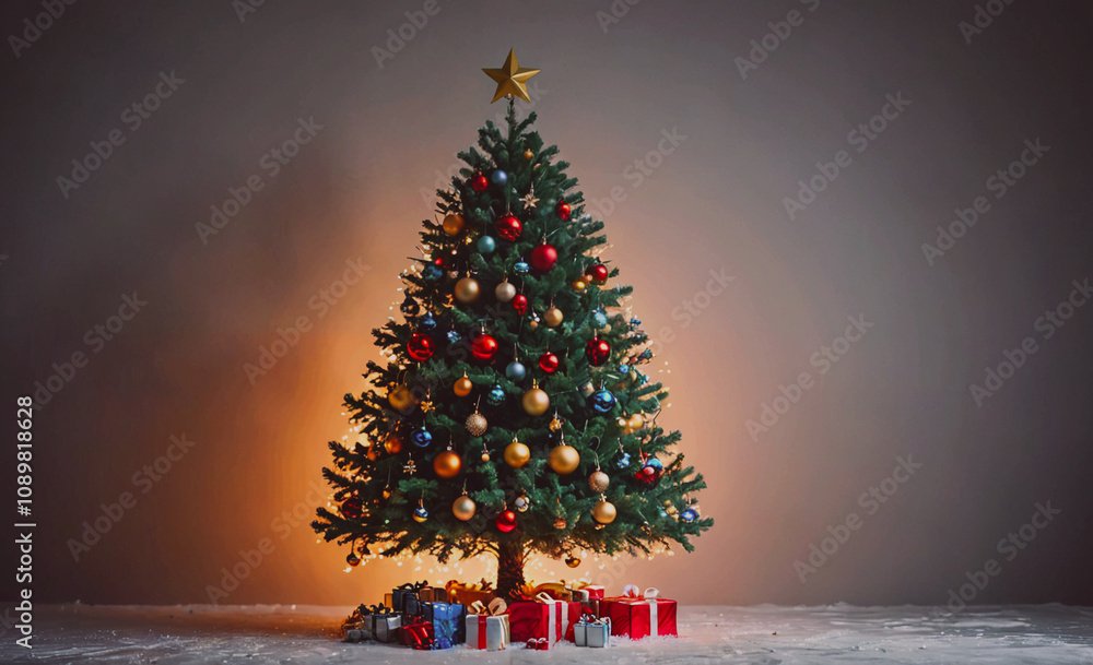 Poster a christmas tree with many ornaments and a star on top. the tree is surrounded by presents and is li