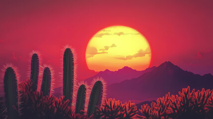 Obraz premium Illustration of the desert with a sunset. Desert Cactus Sunset. Illustration