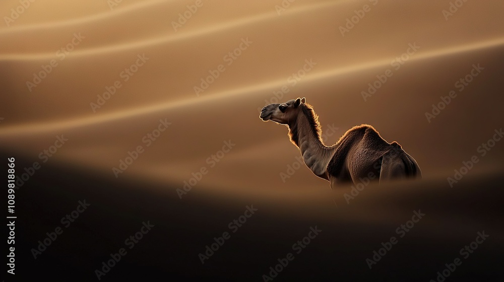 Poster camel standing in the middle of desert with blowing sand in background