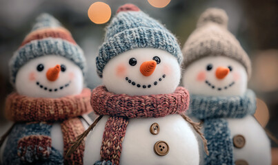 Three cheerful snowmen with carrot noses. Dressed in colorful scarves and knitted hats. Smiling faces add warmth and charm. Festive decoration creating a cozy winter atmosphere indoors