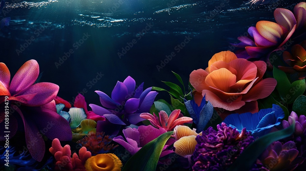 Poster a cluster of blossoms bobbing atop a tranquil pool with radiant illumination casting shadows behind